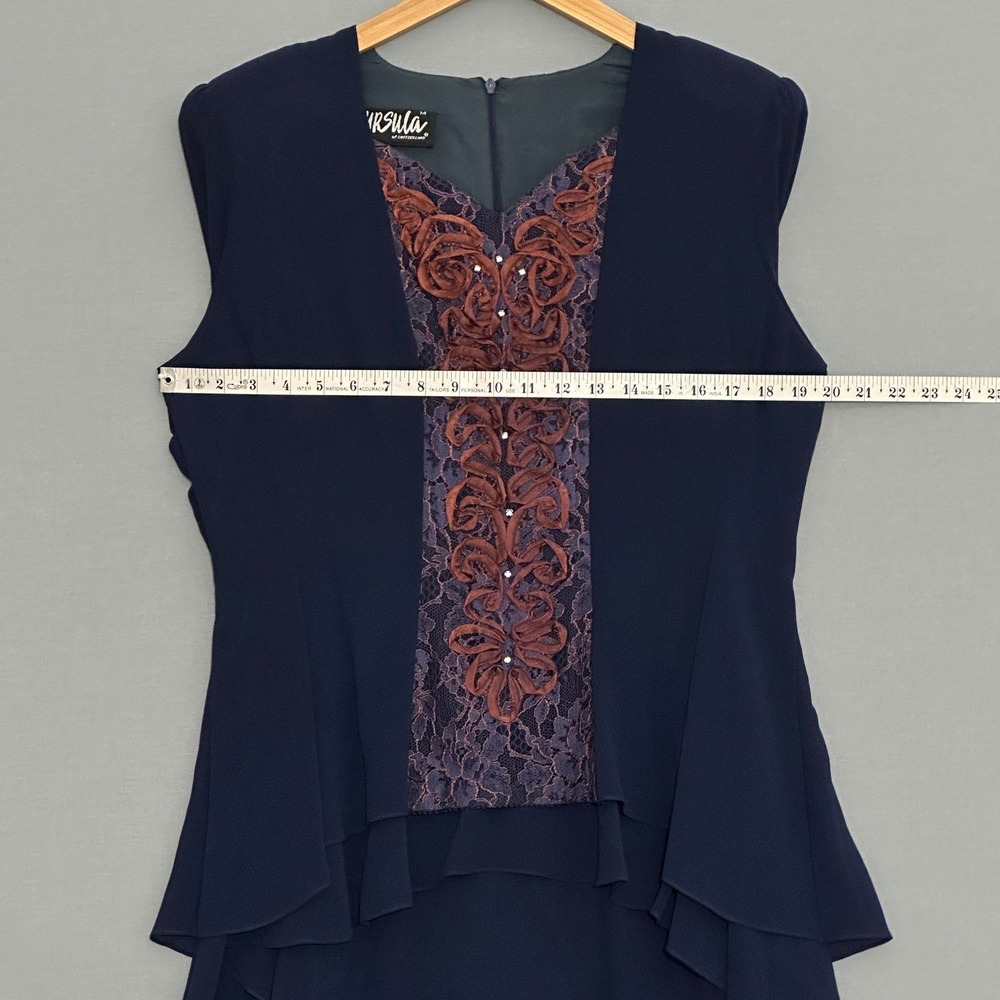 VTG 90s Ursula of Switzerland Womens Dress 14 Navy Blue Lace Ruffle Retro Event - Picture 6 of 11